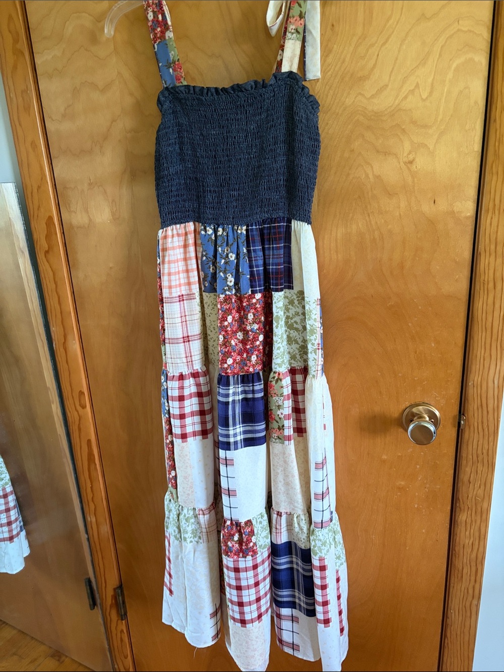 Blu Pepper Navy Smocked Patchwork Maxi Dress with Red & Blue Accents